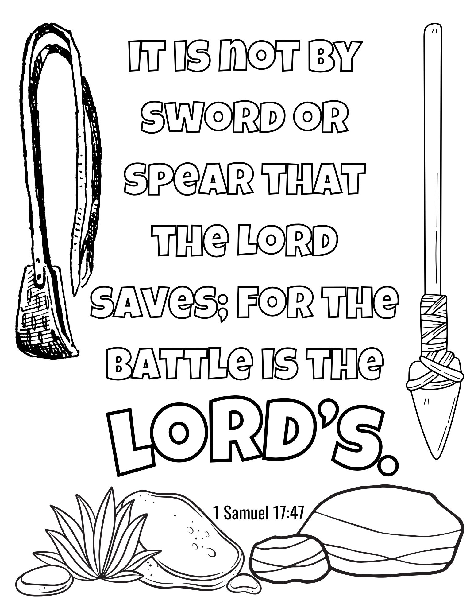 David and Goliath coloring page with the text of 1 Samuel 17:42, stones, a sling, and a spear.