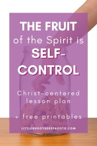 Pin image with picture of a person taking a cookie. Text: The fruit of the Spirit is self-control, Christ-centered lesson plan + free printables