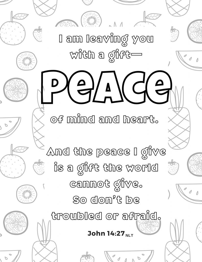 Fruit of the Spirit PEACE coloring page of John 14:27 (NLT)